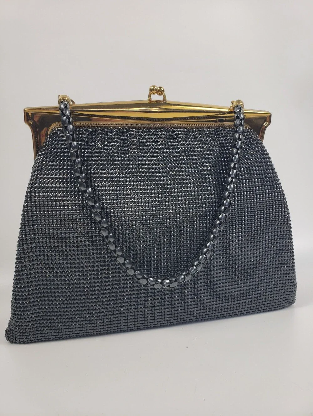 Whiting & Davis Black w/ Gold Mesh Evening Bag - Kisslock Gold Frame Vintage 9x7